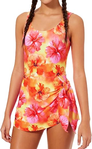 Cuddomper Girl Swimsuit One Piece Swim Dress Adjustable Straps Bathing Suit with Bottom Size 9-16