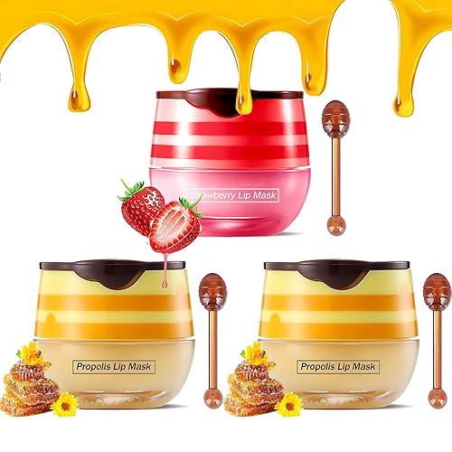 Bee Balm Lip Balm Honey Pot, fresa y miel hidratante propóleos máscara labial, prevención hidratante exfoliante de labios secos y agrietados,