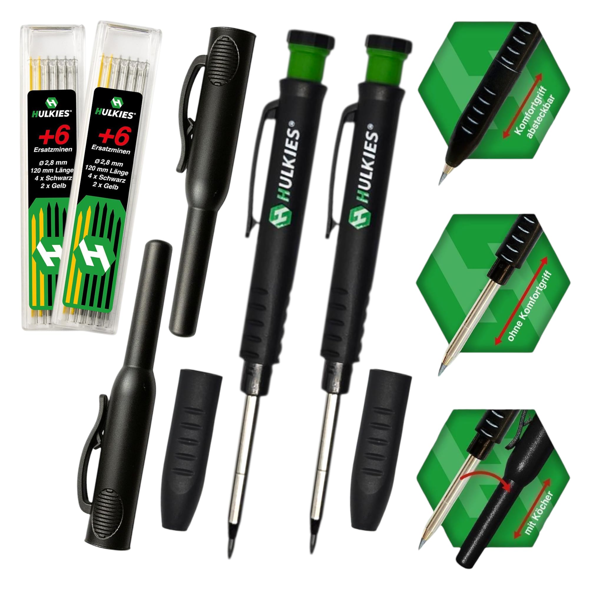 Hulkies 3-in-1 Tieflochmarker 2er-Set – Profi Markierstifte für Handwerker inkl. Ersatzminen & integriertem Spitzer – Für Holz, Fliesen, Metall, Bau & Elektro (2)