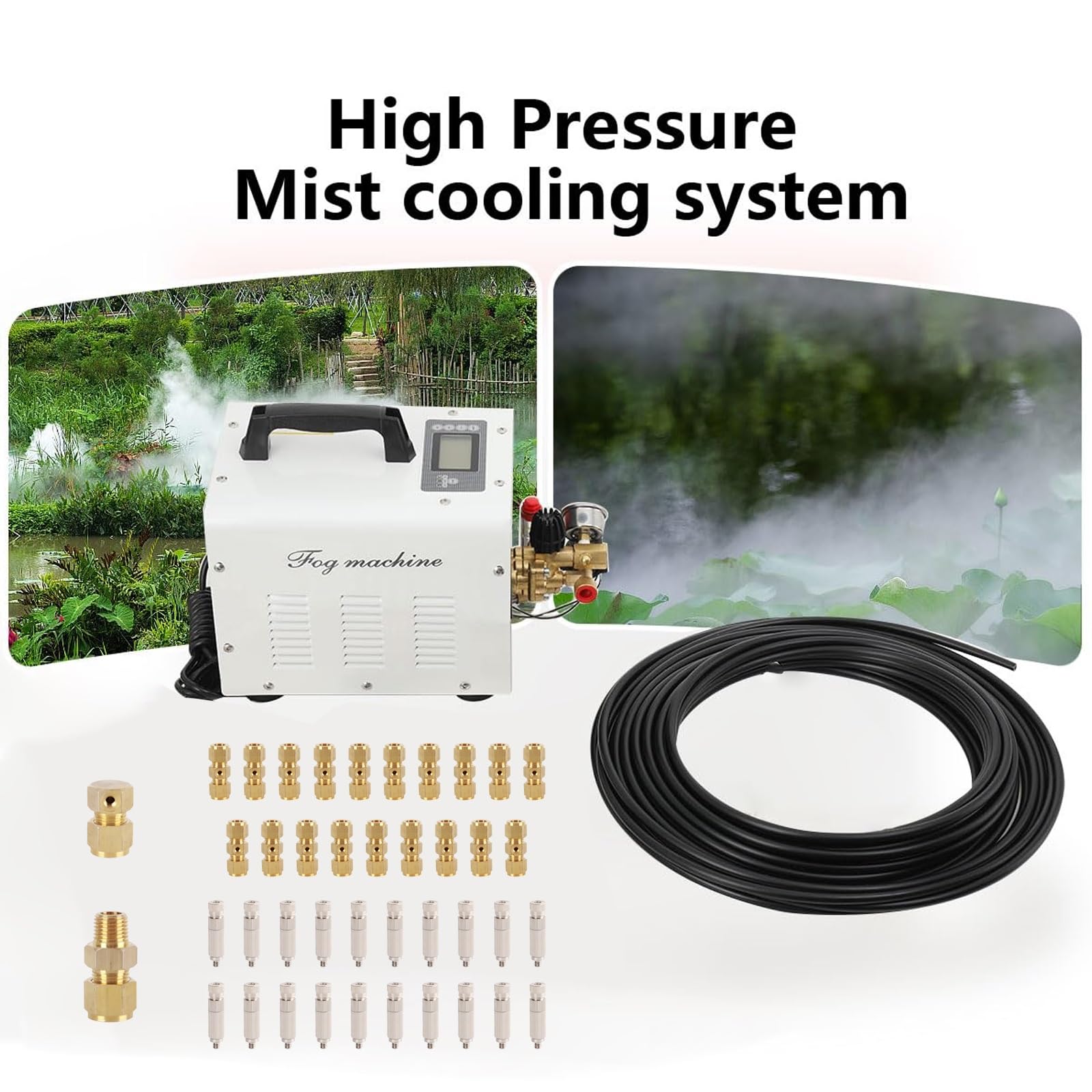 Sistema de nebulización de alta presión para invernaderos y jardines, 20 boquillas, 60 bar/860 PSI, máquina de niebla con ventana de aceite visual, ideal para hidroponía y uso en exteriores