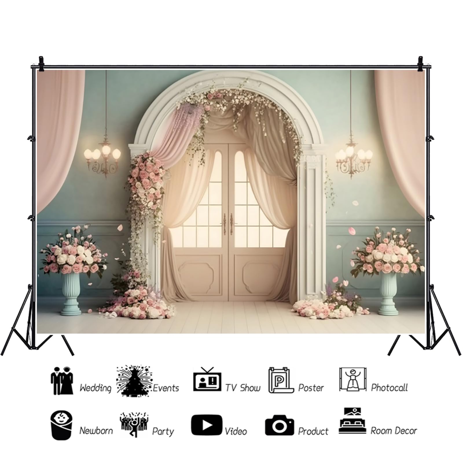 YongFoto 3x2,5m Matrimonio Sfondo per servizio fotografico Camera europea Porta Tessuto Fiore Lampadario Romantico Sfondi per coppia Ricevimento di matrimonio Cerimonia Portrait Photo Puntelli