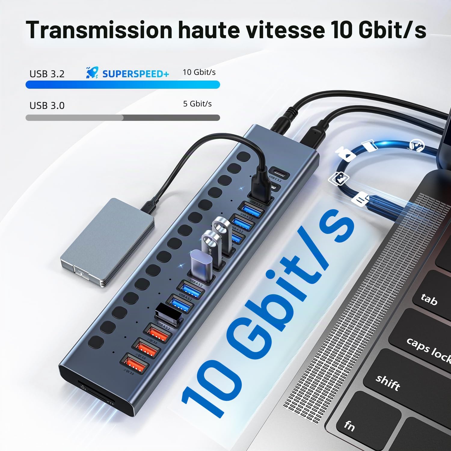 VANGREE Hub USB Alimenté 10Gbps, 17 Ports USB 3.2, Adaptateur 96W | 10x USB-A 3.2, 3x QC 24W Charge Rapide, 2x USB-C 3.2, SD/TF, Adaptateur 12V/8A pour PC Portable, PC, HDD, Clé USB