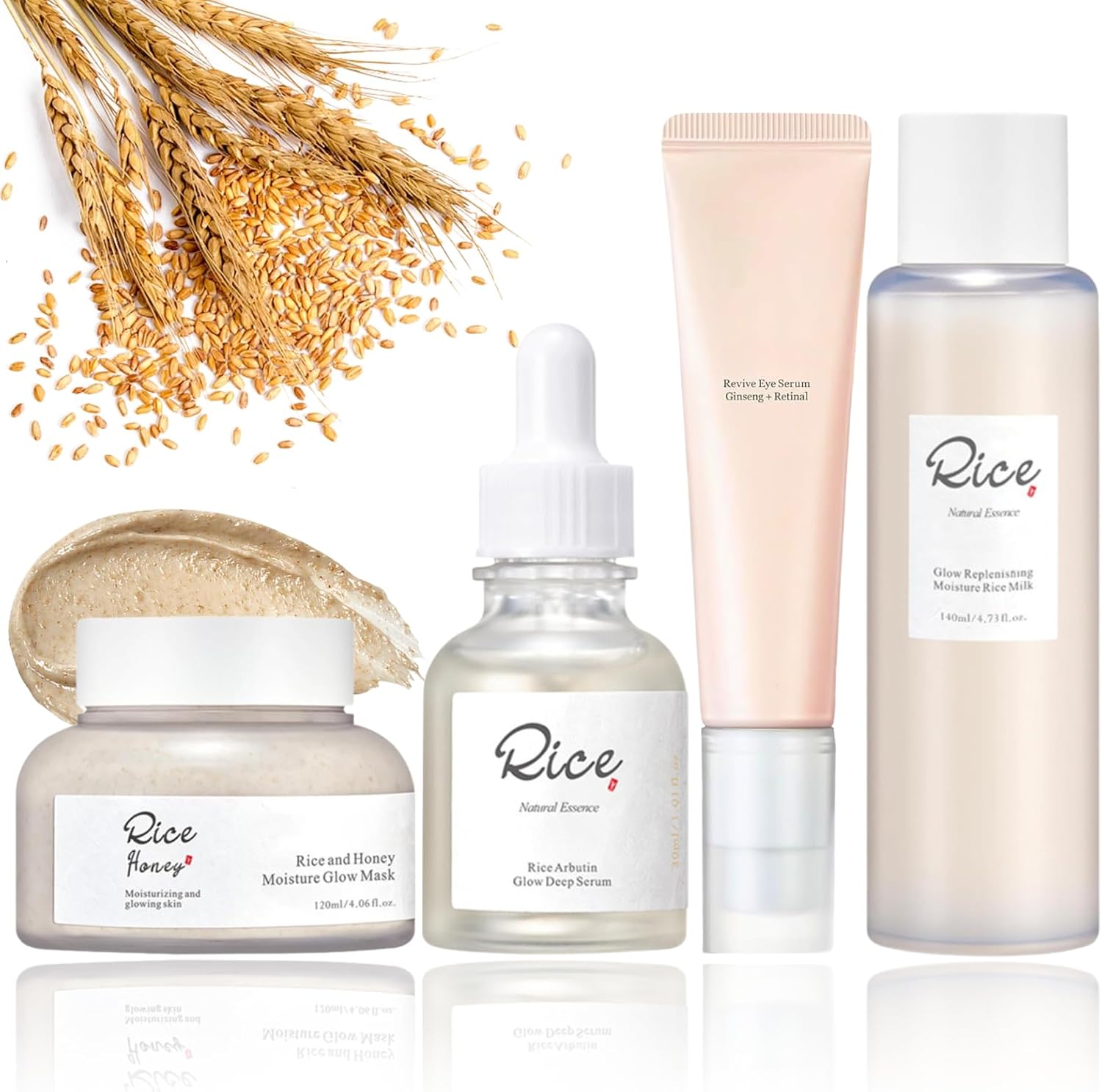 4-Step Korean Glass Skin Set – Rice & Honey Glow Mask, Arbutin Serum, Ginseng Eye Care, Hydrating Toner | Vegan, Anti-Oxidant Skincare Kit for Glowing Complexion, Korean Skincare Routine(4Pcs)