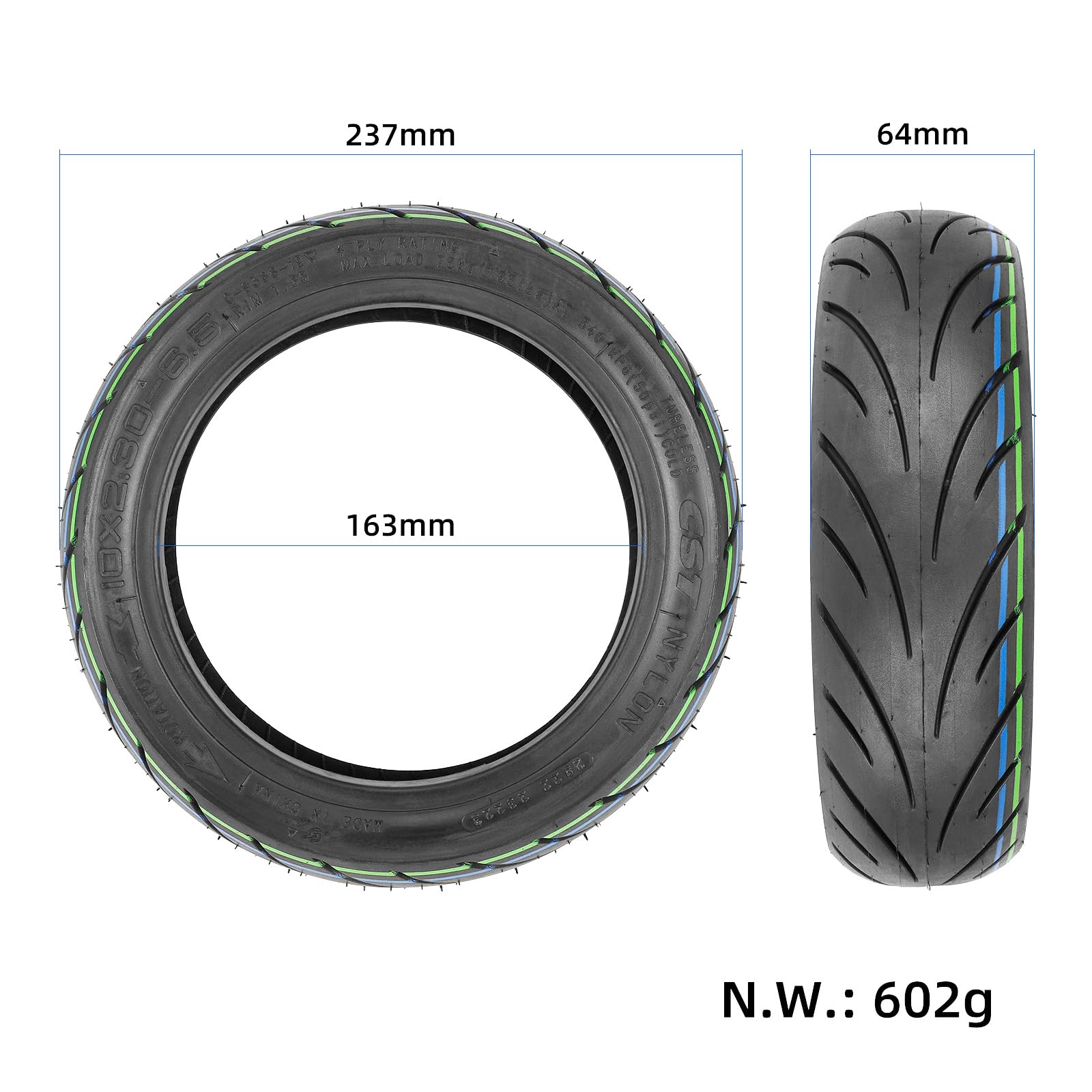 6,5 x 2,30-10 CST Pneumatico Tubeless per Monopattino Elettrico NIU KQi2 / KQI2 Pro 10 Pollici, Senza Camera d'Aria, Anteriore/Posteriore, con Valvola (2 Pezzi)