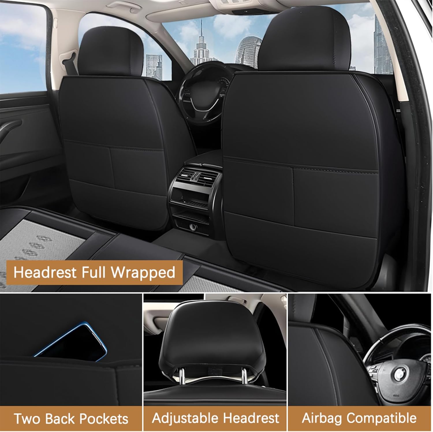 Premium Leather Seat Covers for Chevrolet Tahoe 2002-2020,Premium Car Seat Covers Front Set,Waterproof Car Seat Protectors with Airbag,Comfort Interior Cover Seats for Cars(Black+Grey)