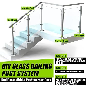 Glass Railing Post 33.46 With Adjustable Top Breckets,304 Stainless Steel Right Angle Corner Glass Balustrade Post System With 4 Clamps for Indoors & Outdoors Deck,Stair (Corner Post,Silver)