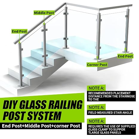 Glass Railing Post 33.46 With Adjustable Top Breckets,304 Stainless Steel Right Angle Corner Glass Balustrade Post System With 4 Clamps for Indoors & Outdoors Deck,Stair (Corner Post,Silver)