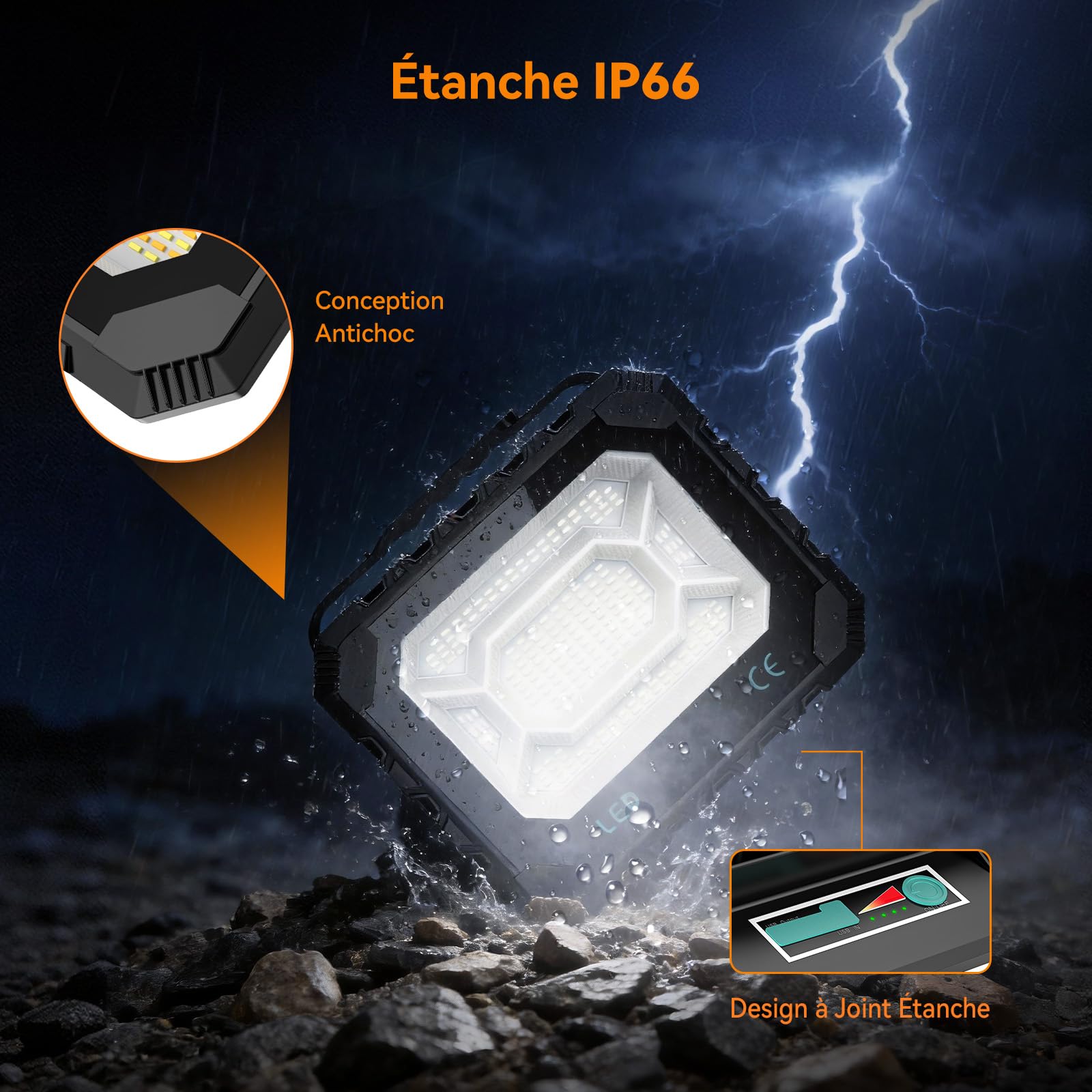 Projecteur LED Rechargeable, Adewalk 100W Projecteur LED Chantier Solaire & Batterie Rechargeable, 12000mAh Lampe Chantier 5 Modes, IP66, Lampe de Travail pour Camping, Pêche, Garage, Atelier