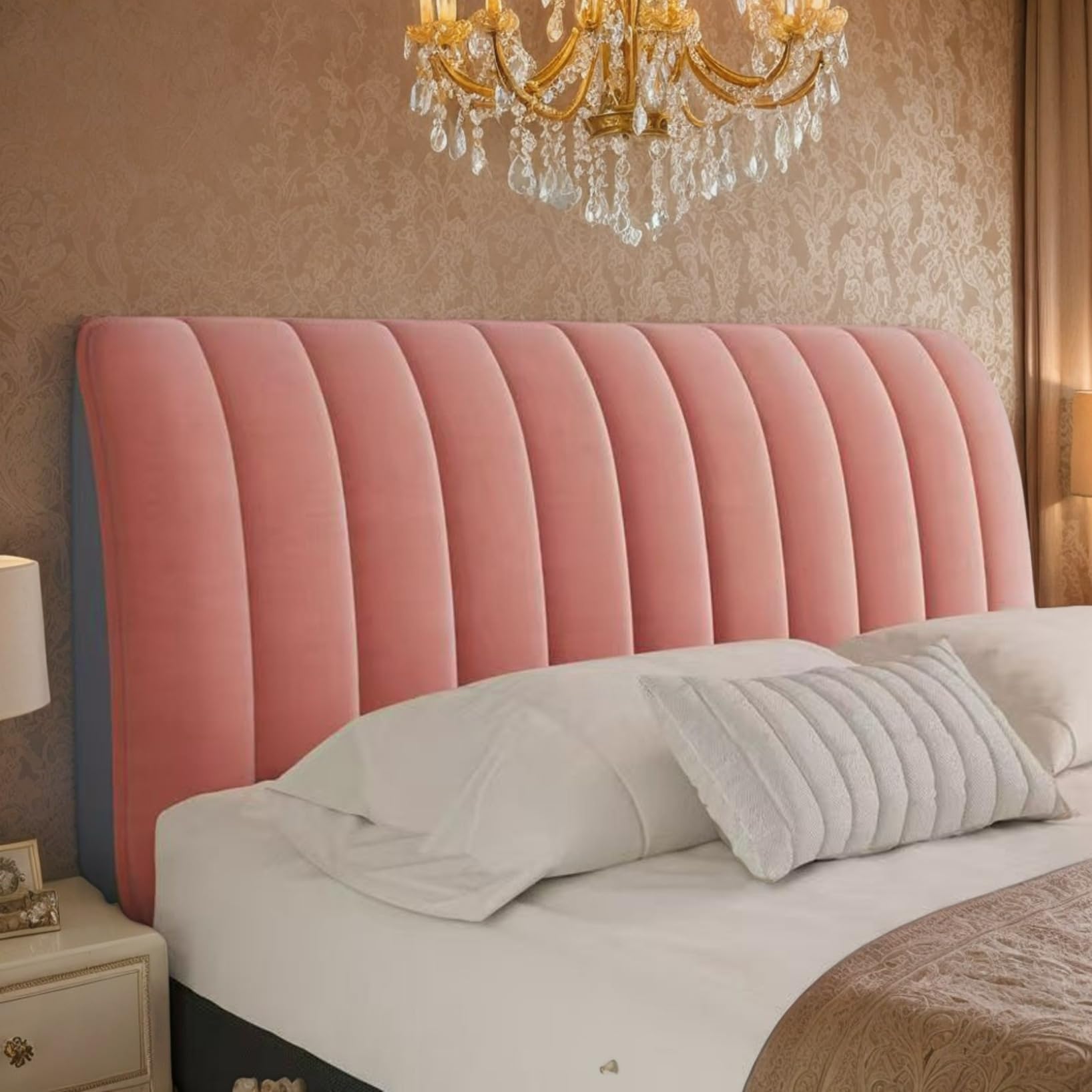 RICPYOIU Funda Elástica para Cabecera De Cama En Terciopelo con Relleno Espesado Protección Antipolvo Ideal para Decoración Moderna Dormitorio,Rosado,150cm