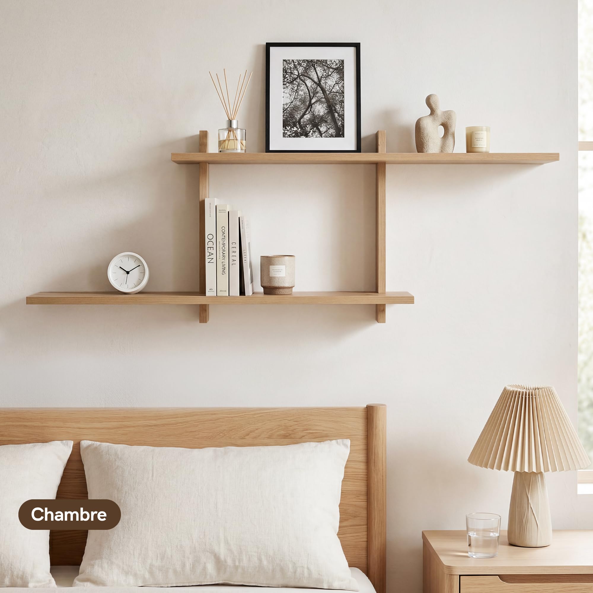 Afuly Étagère Murale Réglable 2 Niveaux Chêne Blanc pour Salon Déco, 80 cm | Étagères flottantes réglables, pour livres, plantes et cadres, salon, chambre, cuisine et salle de bain