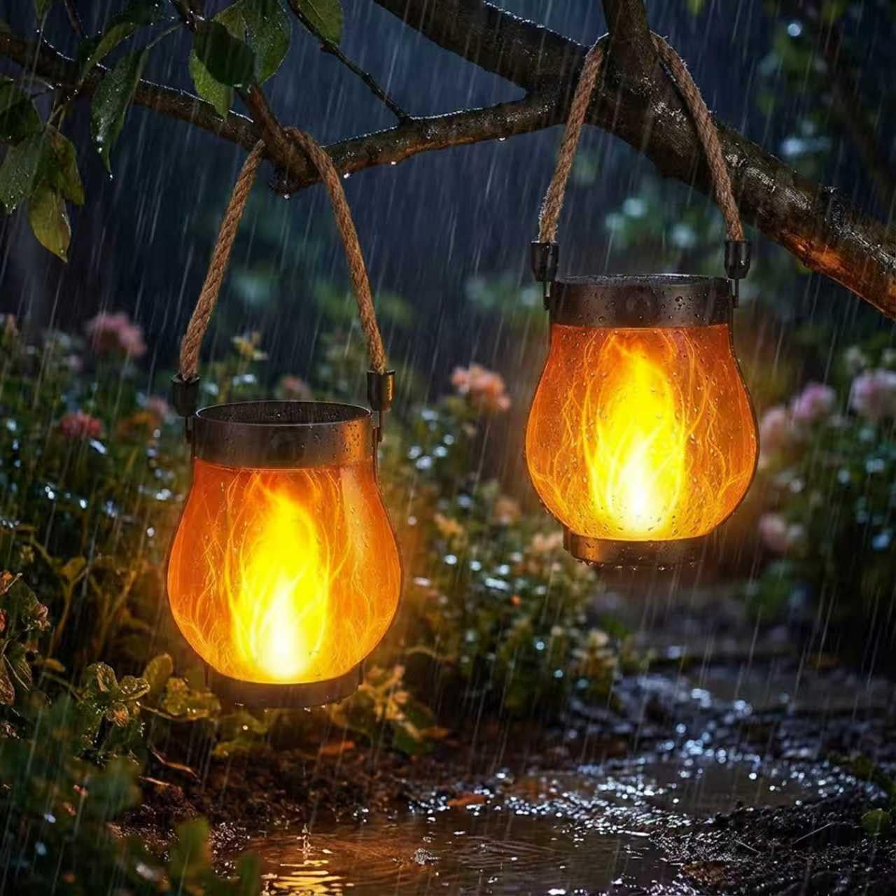 2 Pack Solar Lanterns Outdoor, Dancing Flame Garden Lights with 2 Modes (Flickering & Steady),Dual Charging USB & Solar, IP65 Waterproof Hemp Rope Hanging Lanterns for Patio,Yard,Camping,Wedding Decor
