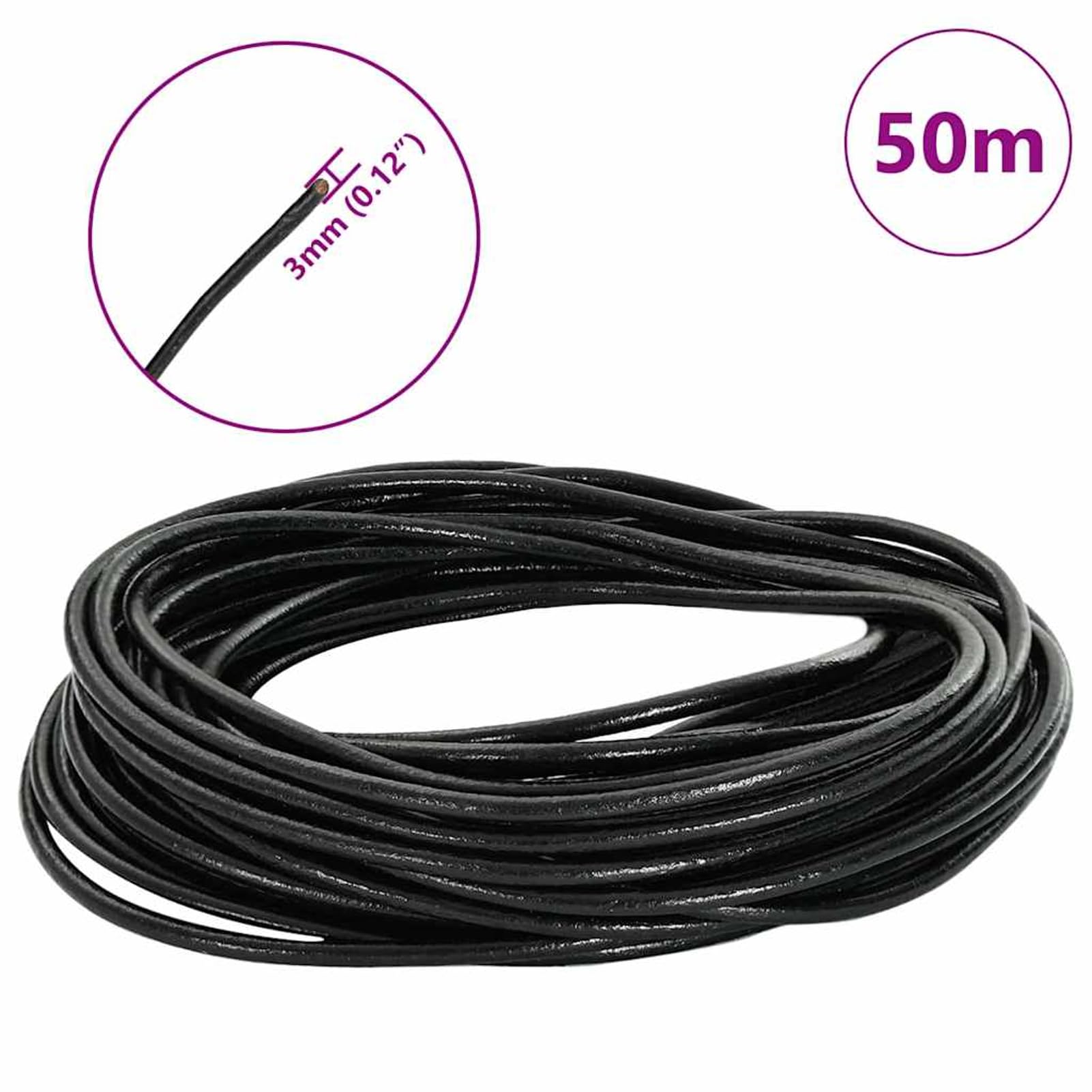 Skórzany sznurek czarny 3 mm × 50 m – gładki, wodoodporny, trwały, do biżuterii, majsterkowania i dekoracji