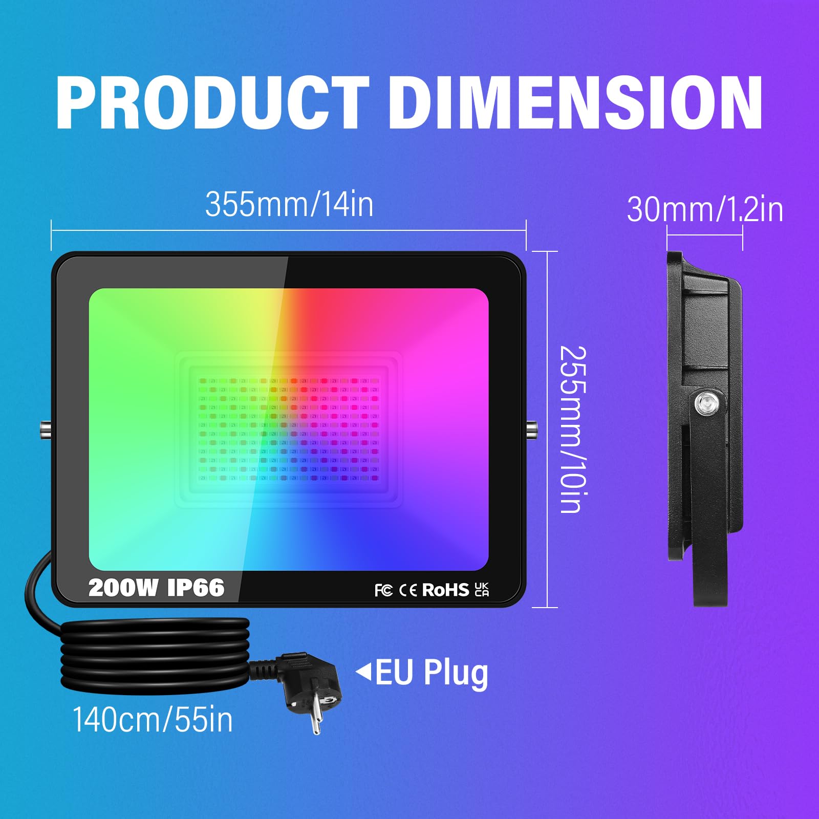 RIGIDON 1 x 200 W RGB Zewnętrzny projektor LED Pilot zdalnego sterowania, 20000 LM Zewnętrzny i wewnętrzny kolor RGBW Światło projektora, timer neonowy LED do Jadin, taras, patio, wodoodporny IP66