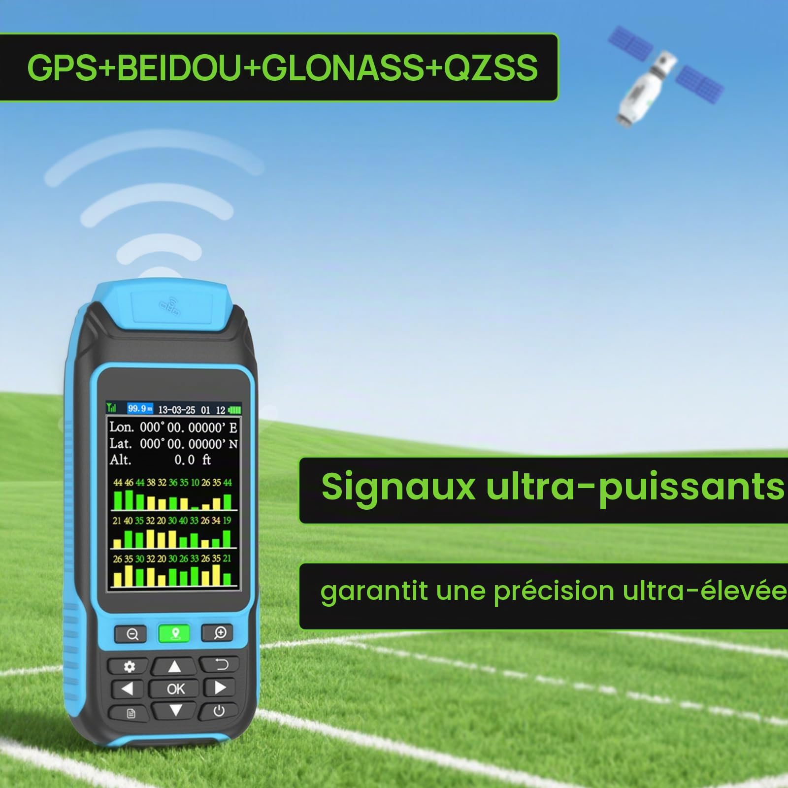 GPS Portable Mesure Superficie Distance Pente Positionnement Longitude Latitude Temps Réel Exportation PC 16x7.3x2.5 cm 436 g Piles Incluses