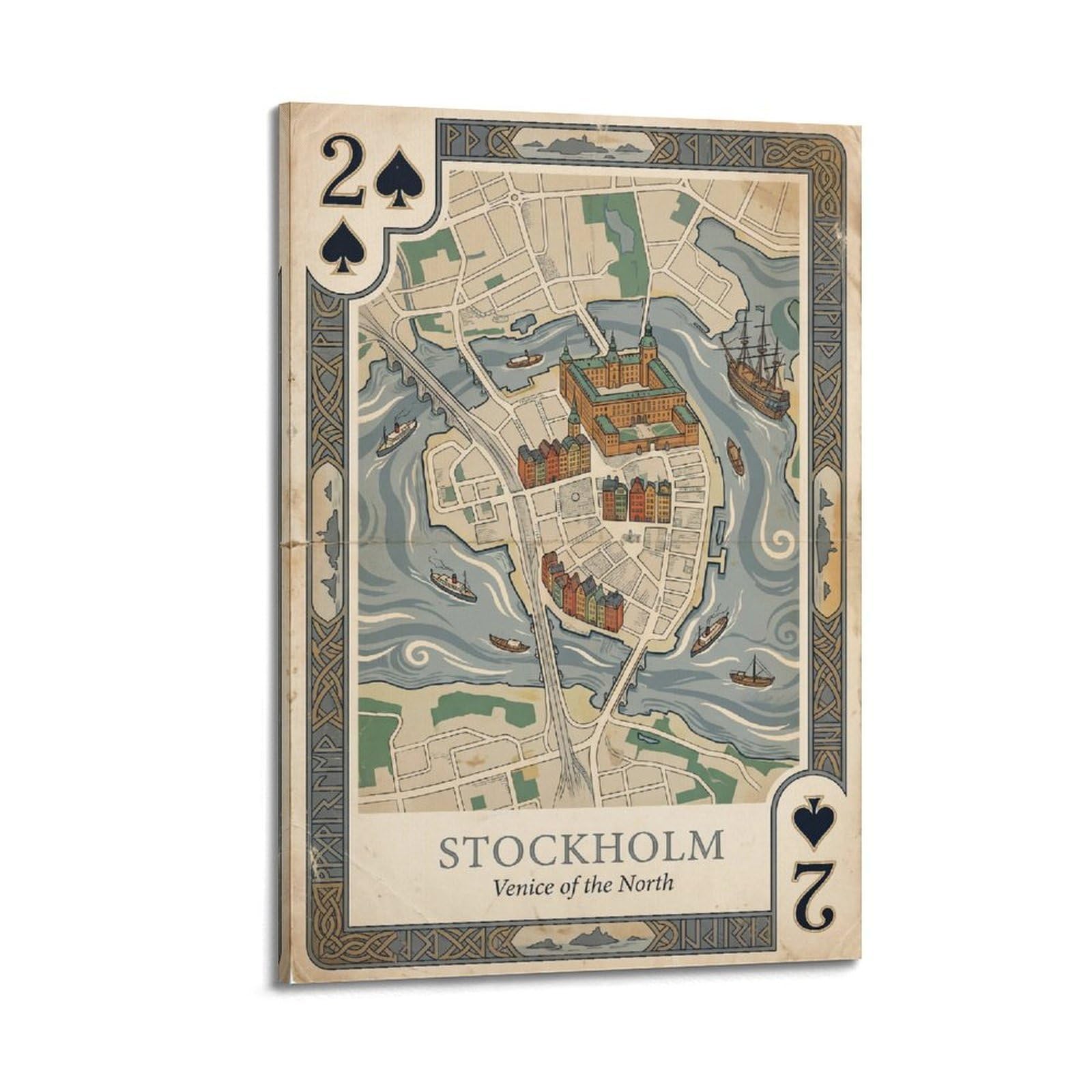 OKNGB Vintage City Map Poster Stockholm Sweden Archipelago Playing Card Style Decorative Painting Canvas Art Picture 24x36inch(60x90cm)