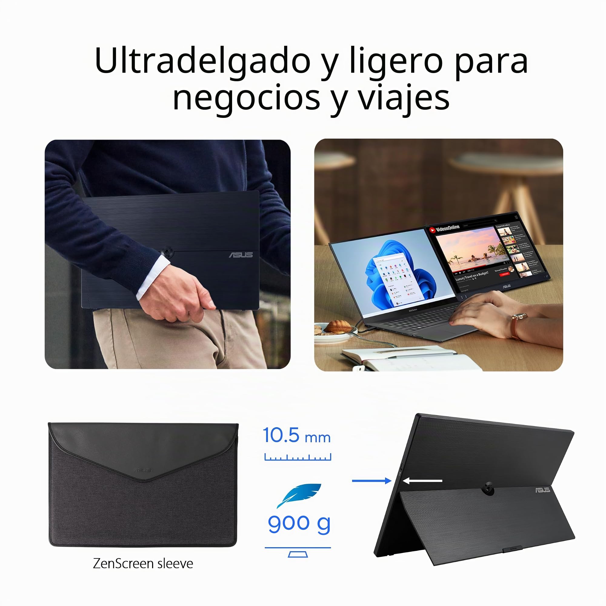 ASUS ZenScreen - Pantalla portátil de 16" (15,6" Visible) 1080p USB-C (MB16AHV) - Full HD, IPS, Filtro de luz Azul, antirreflejo, Mini HDMI, Soporte para trípode, Funda Protectora