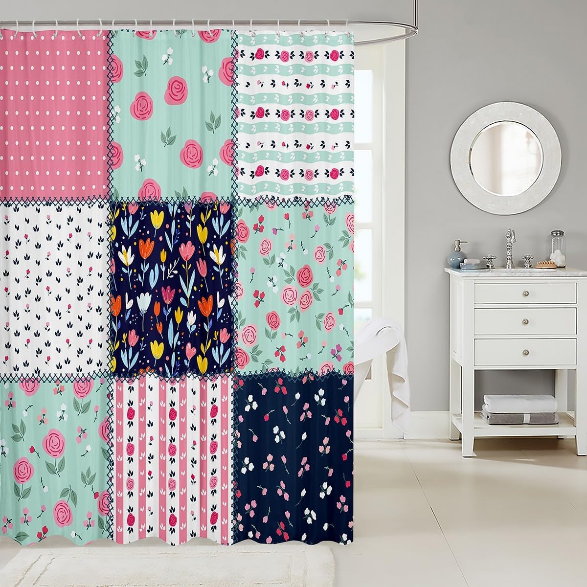 Rose Floral Shower Curtain Geometric Plaid Patchwork Bathroom Curtain for Kids Girls Teens Women Room Decor Colorful Botanical Waterproof Curtain Spring Garden Boho Bath Curtain,12 Hooks,72" Wx84 L