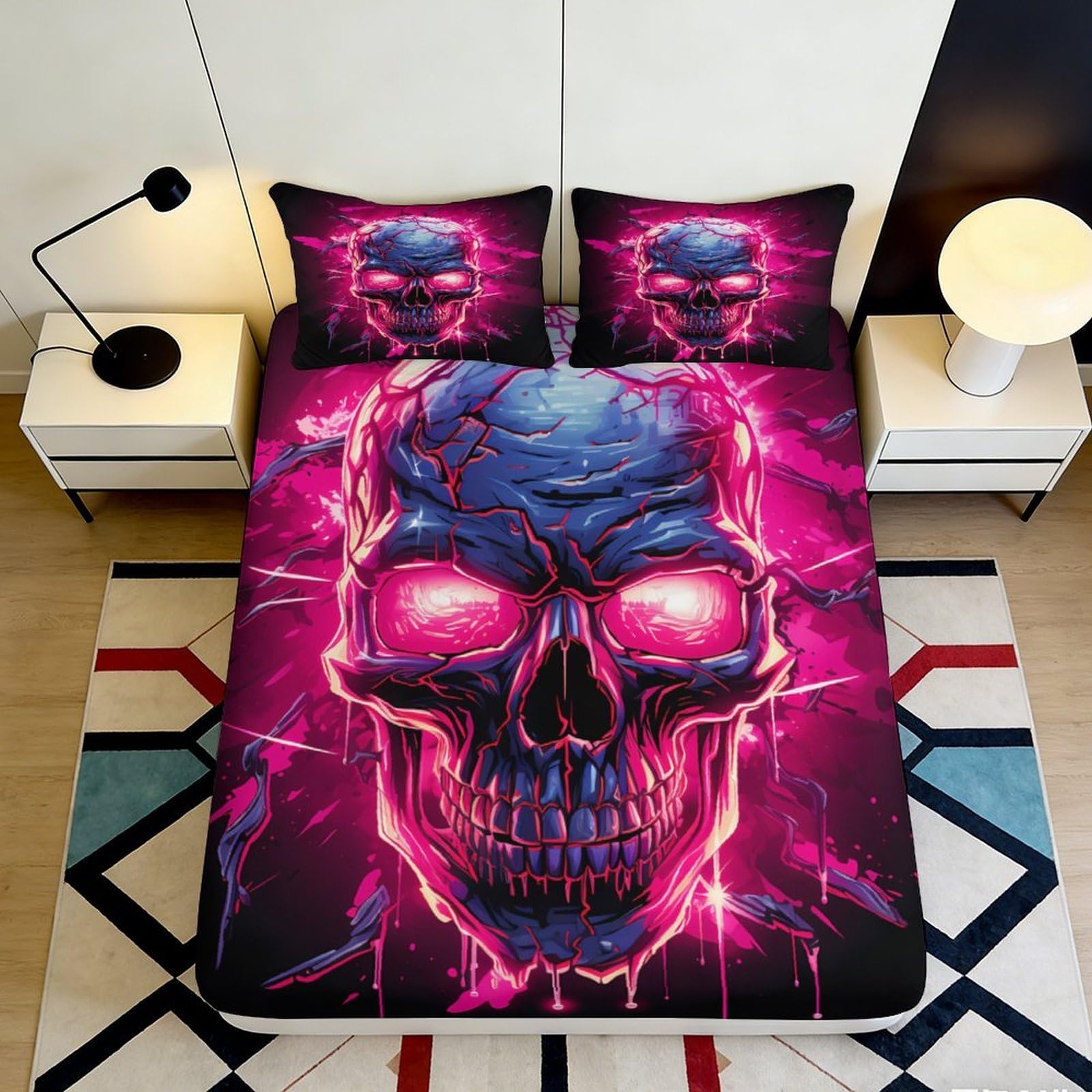 3D Printed Neon Skull Fitted Sheet Microfiber Soft Durable Skull Art Bed Cover for Bedroom Dormitory Guest Room Mattress Protection Decoration 120x200x25cm