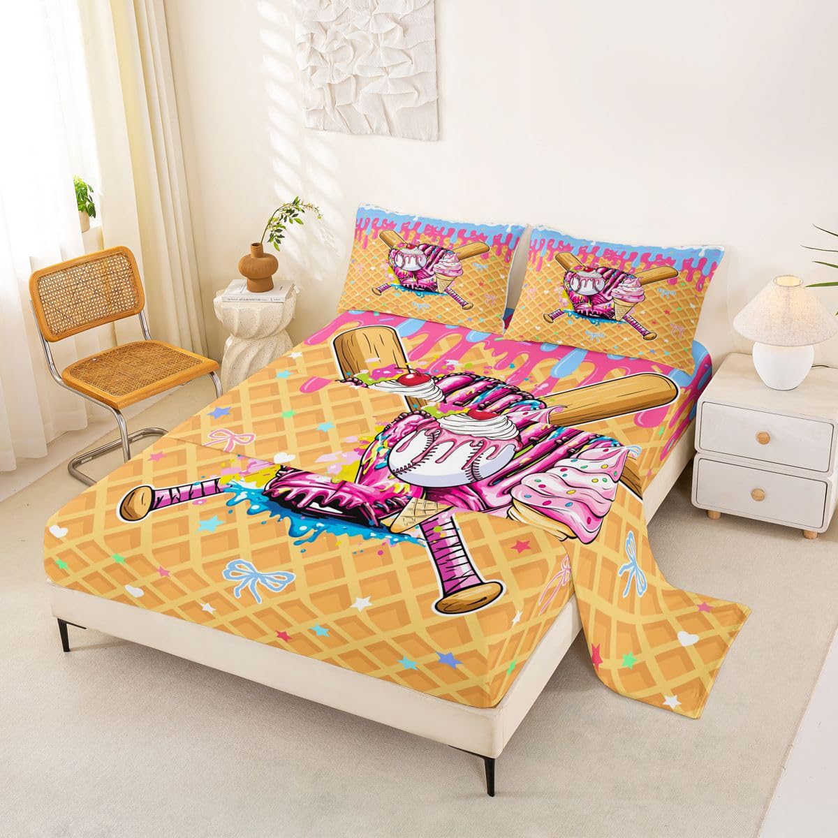 Castle Fairy Baseball Cream Bed Sheets Queen Size,Ball Dessert Cherry Plaid Bedding Set, Kawaii Sport Game Boys Girls Room Decor,Pink Bule Yellow Sheet(Fitted+Flat+2 Pillowcases)