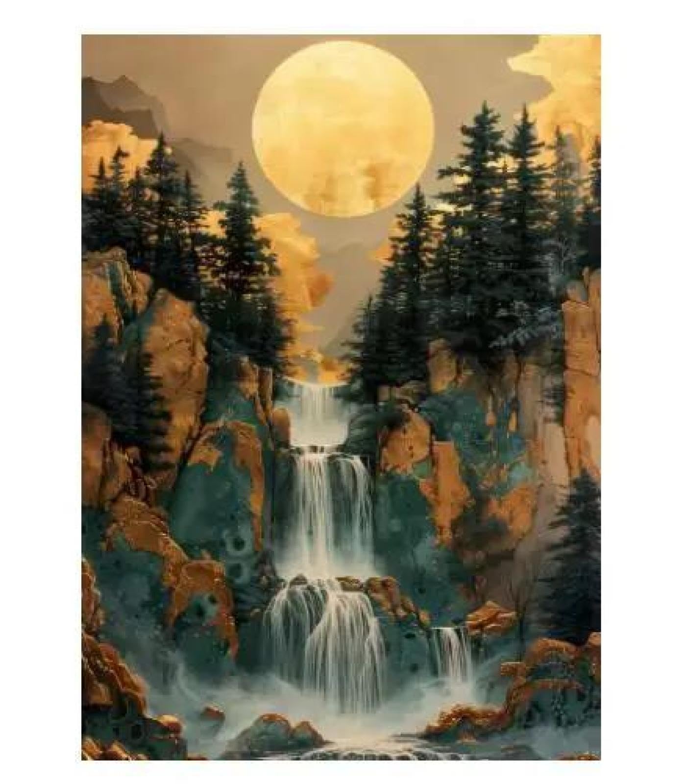Baibexing Golden Moon Pine Tree Waterfall Nature Mountain Forest Poster Print Canvas Painting Wall Art Picture Living Room Home Decor A2 21X30Cm Unframed