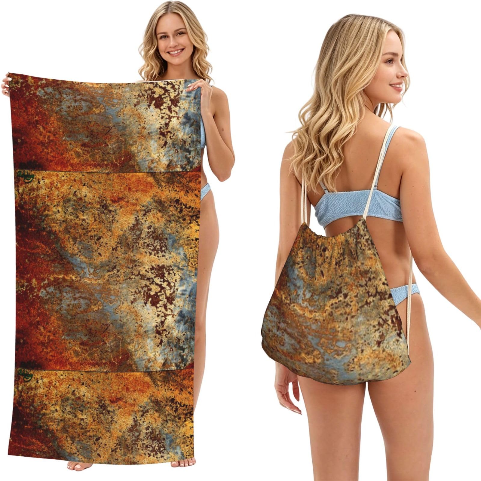 Poadnly As Picture Brown Rust Colorful Metal Rusty Steel Iron Structure, 2 In 1 Packable Towel Bag, Beach Towels With Drawstring Backpack For Travel Holiday Camping