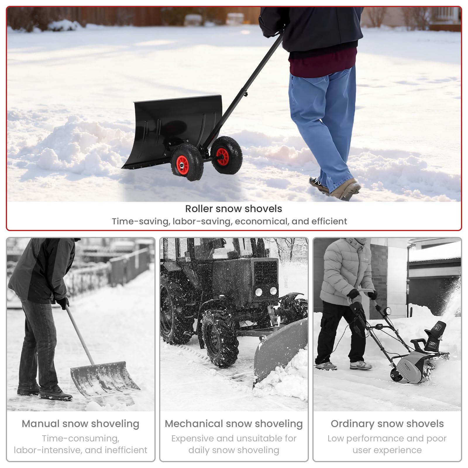 Garvee Pelle à Neige sur Roues Robuste 29" – Lame Acier Inclinée – Poignée Ergonomique Réglable 5 Niveaux – Déneigement Efficace pour Allée, Trottoir, Entrée – Outil Professionnel Hiver