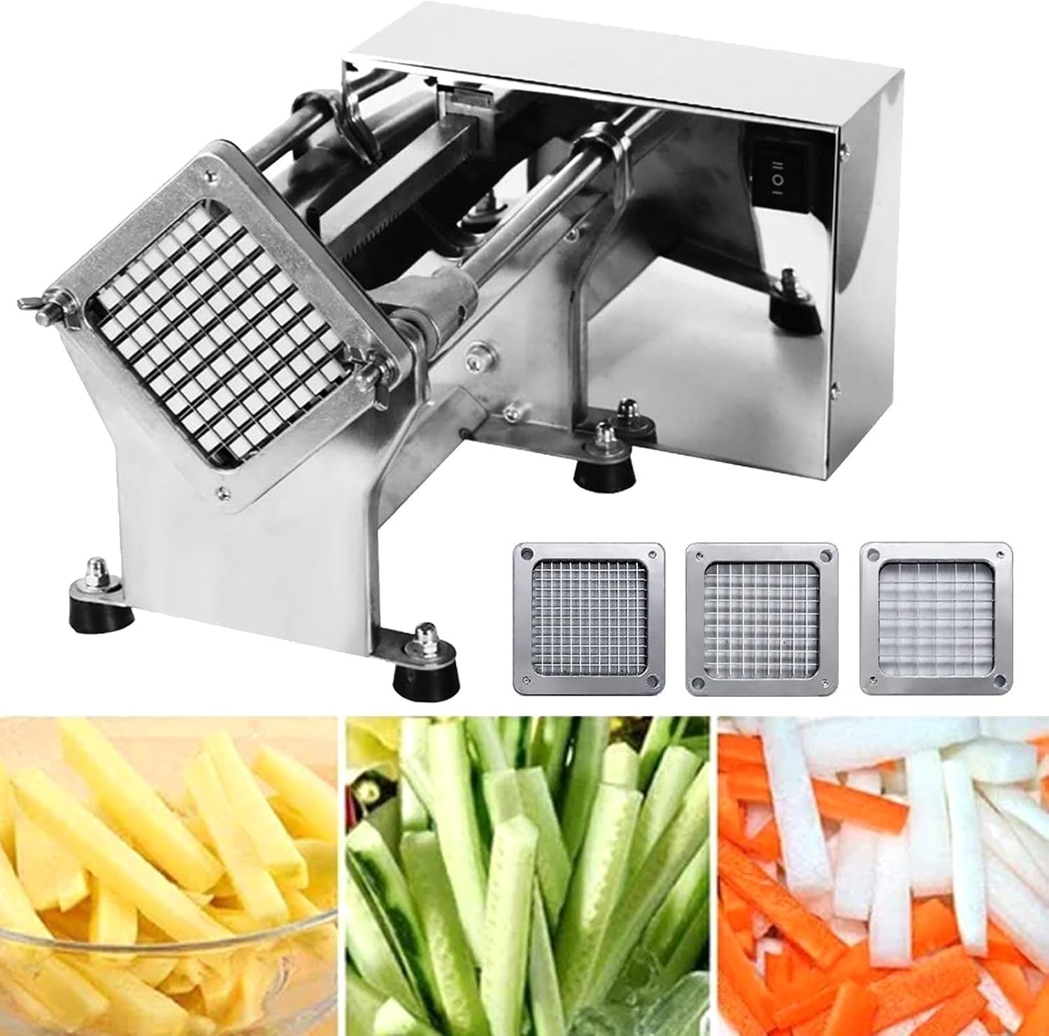 3 Blades Automatic Potato chip Cutter, Electric French Fry Machine, Output 200-300Kg/H, one Button Switch, Commercial Stainless Steel Fruit/Vegetable Cutter