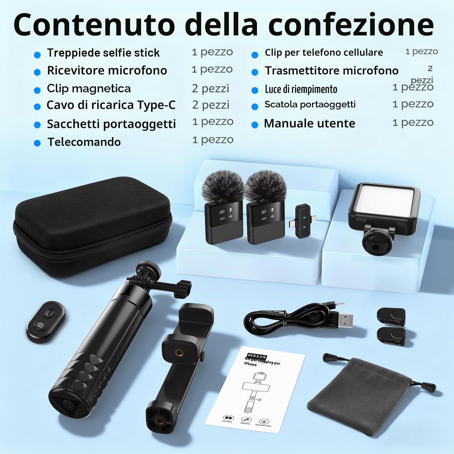 yAyusi Kit Vlogging per iPhone, Include Clip per Telefono, Luce di Riempimento, Microfono, Content Creator Kit per Interviste in Strada, Vlog, TikTok e Registrazioni Video su YouTube