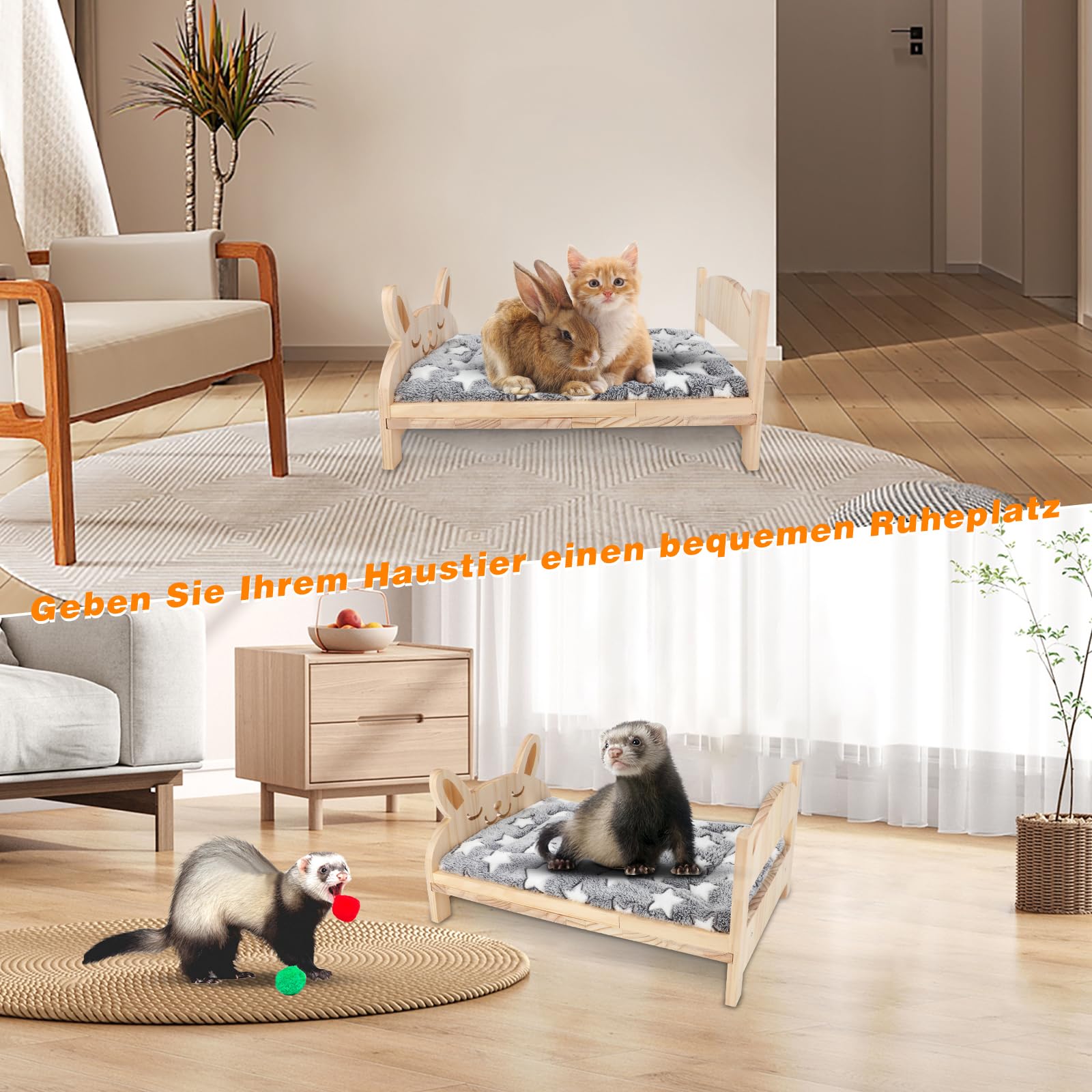 HYLYUN Großes hölzernes Kaninchenbett, 2 in 1 Zusammenklappbares Hölzernes Haustierbett mit Abnehmbarem Kissen für Kaninchen, Meerschweinchen, Kätzchen, Welpen schlafende kleine Tierbetten