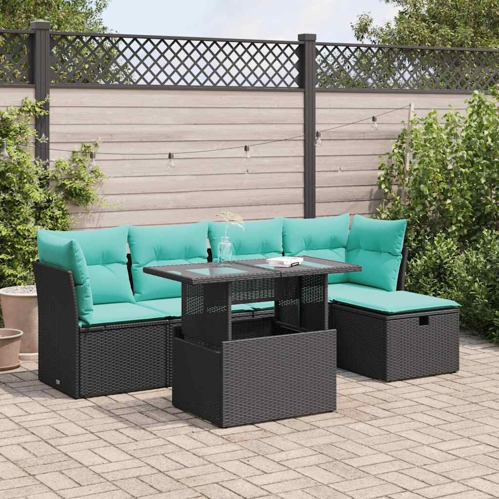 6 Piece Patio Sofa Set with Cushions Black Poly Rattan Acacia Outdoor Furniture Set Garden Seating Ensemble for Garden Backyard