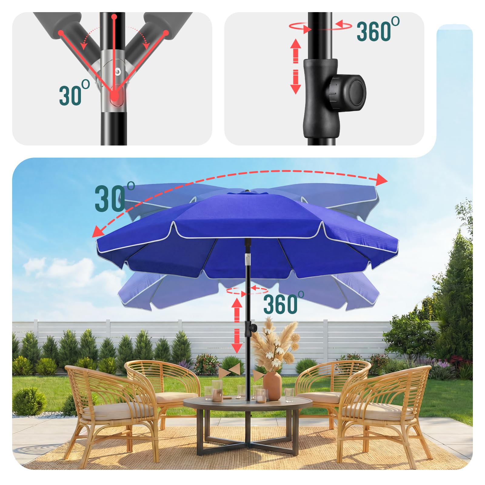 VOUNOT® Sombrilla Playa Grande Ø200cm y Soporte Arena Mástil Inclinable Altura Regulable Protección UV 50+ Parasol con Techo Ventilación Bolsa Transporte para Playa Terraza Balcón Camping Exterior — view 5