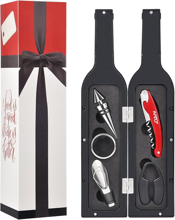 Wine Bottle Opener Gift Set - 5 Pcs Wine Corkscrew Screw pull Accessories for Game Winners Adults by Kato, Great Valentine's Gifts, Silver