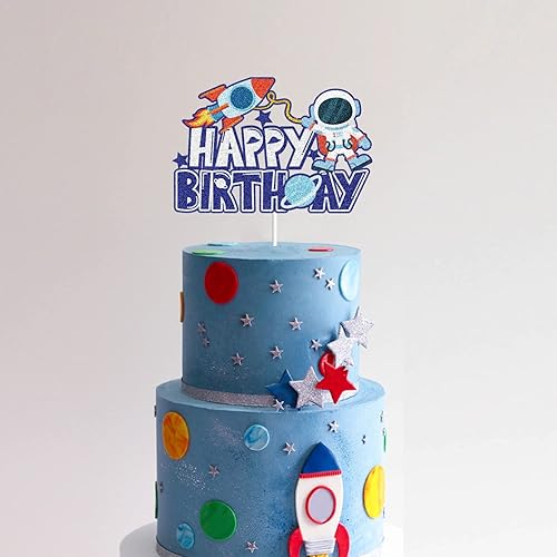 Miniatura 5 de Decoración de pastel de feliz cumpleaños, astronauta, cohete, espacio exterior, decoración de torta del sistema solar, planeta galaxia, suministros