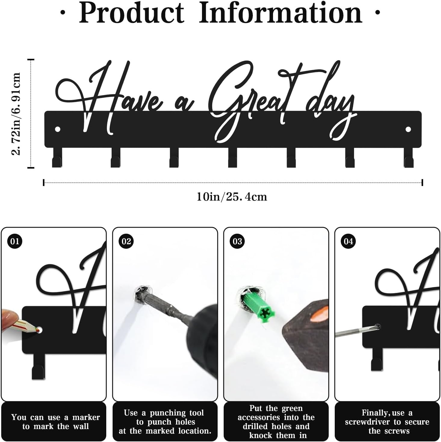 Have a Great Day Key Hooks for Wall Decoration,Delicate Fashion Black Metal Key Holder Wall Mount,Have a Great Day Key Hanger with 7 Kooks for Hallway,Office image 3