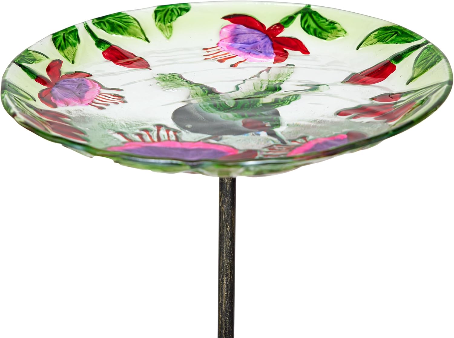 Alpine Corporation KBD104 Glass Stake Birdbath with Flowers and Hummingbird for Lawn and Garden, 25" Tall, Multicolor