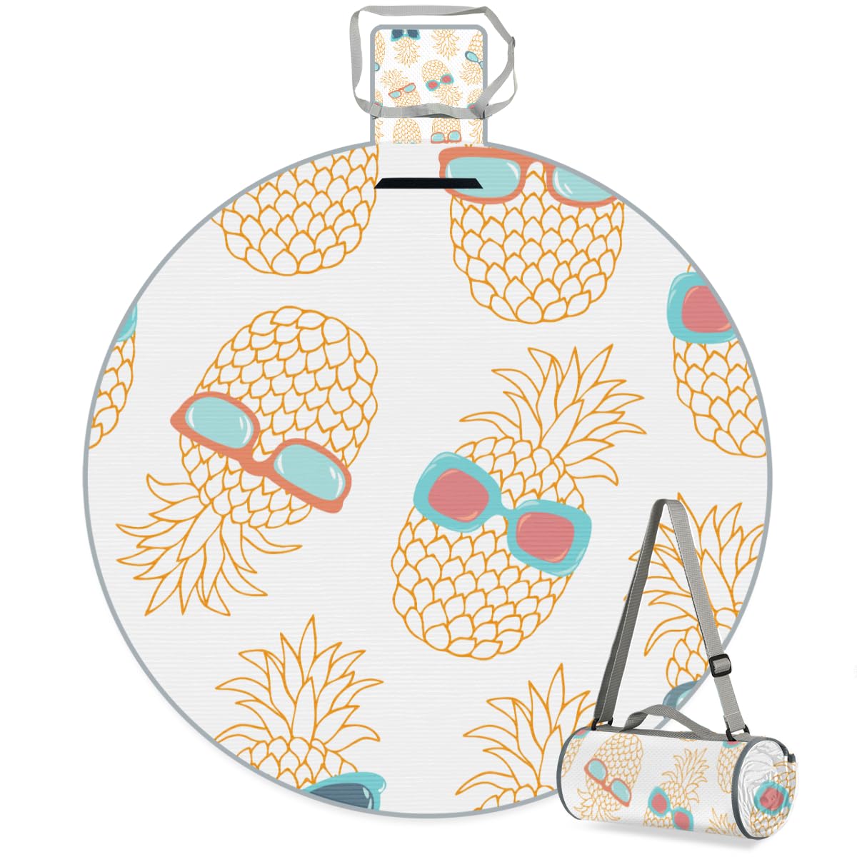 Shimoshe Glasses Pineapple Picnic Outdoor Blanket Foldable Waterproof Sandproof Beach Blanket Portable Water-Resistant Round Picnic Mat for Travel Camping Park Lawn