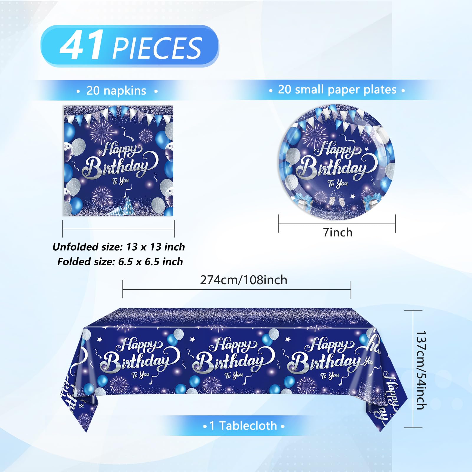 41 piezas de decoraciones de feliz cumpleaños azul marino para hombres y mujeres, platos y servilletas de feliz cumpleaños, suministros de fiesta para 20 invitados, mantel azul de feliz cumpleaños