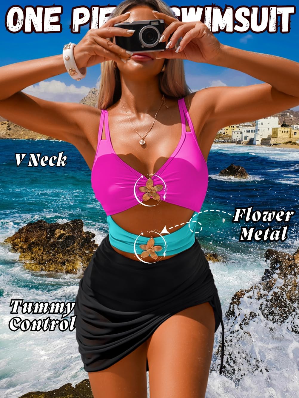 Kaei&Shi One Piece Swim Dress,Cut Out Tummy Control Swimsuit with Skirt,Womens Bathing Suits Beach Vacation Resort