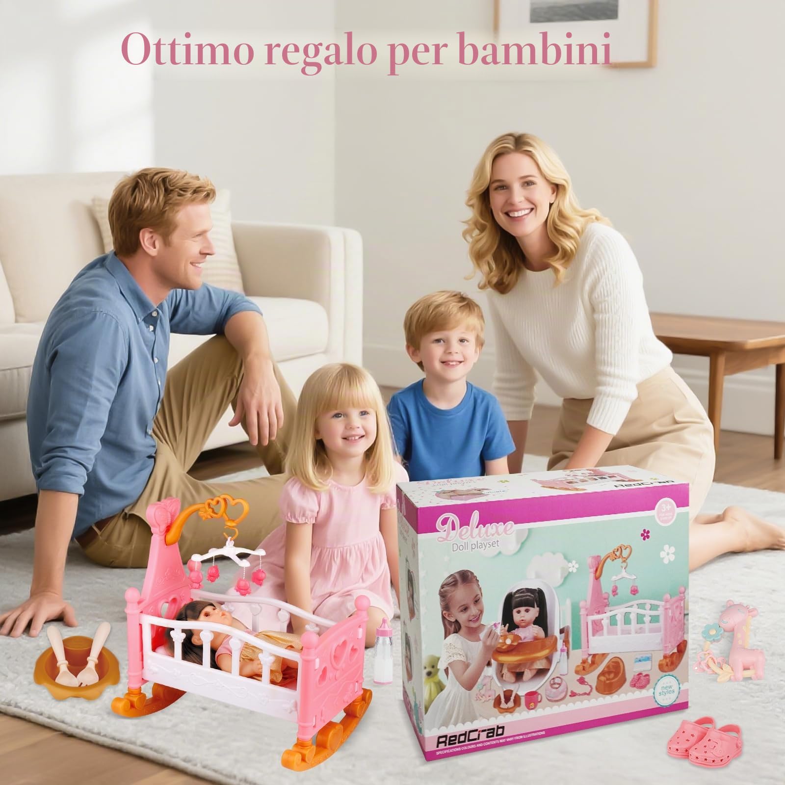 RedCrab Set Bambola con Accessori, 32cm Bambola con Funzione di Alimentazione, Lettino, Seggiolone, Vestiti, Biberon, Tettarella, Vasino e Pannolini, Giocattolo Regalo per Bambina 3+ Anni
