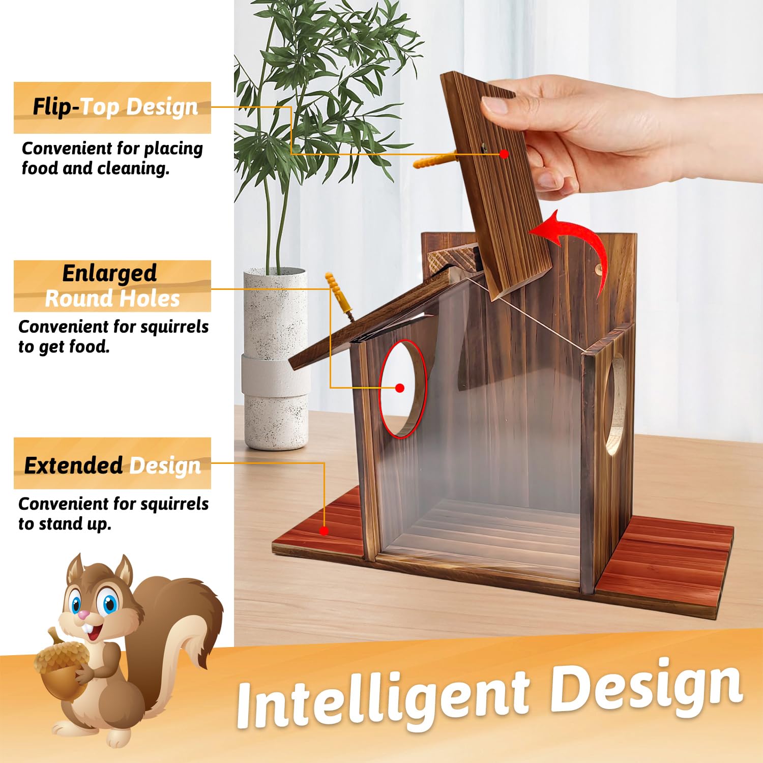 Wooden Squirrel Feeder, Squirrel Feeder House with Flexible Roof, Large Capacity Squirrel Feeding Stations, Chipmunk Squirrel Feeding Platform for Backyard Garden - Image 3