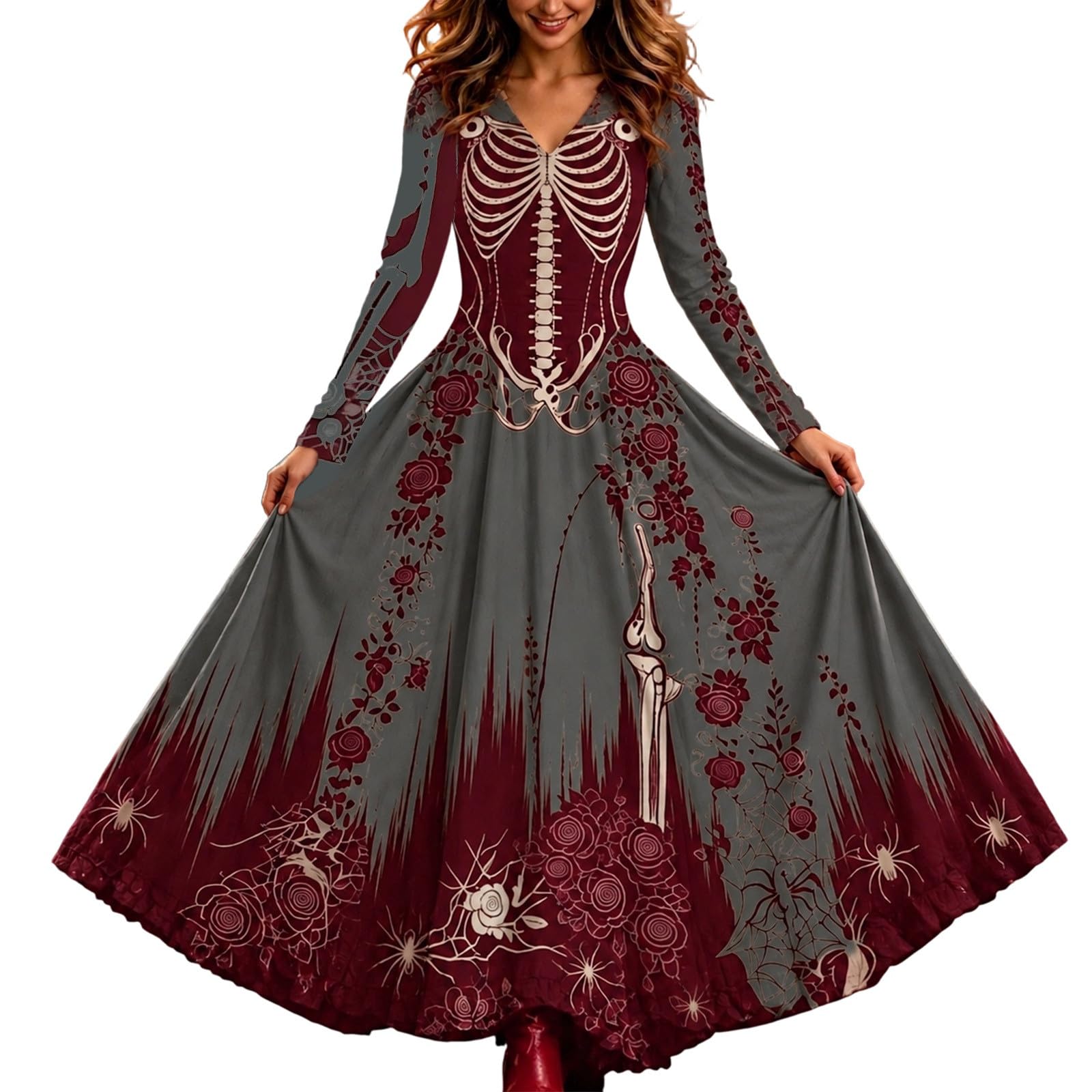 Halloween Costume Women's Skeleton Dress Midi Dress Gothic Dress Halloween Fancy Dress Costume Skeleton Skull A-line Long Sleeve Midi Dress Calf Length Gothic Vintage Cosplay Party