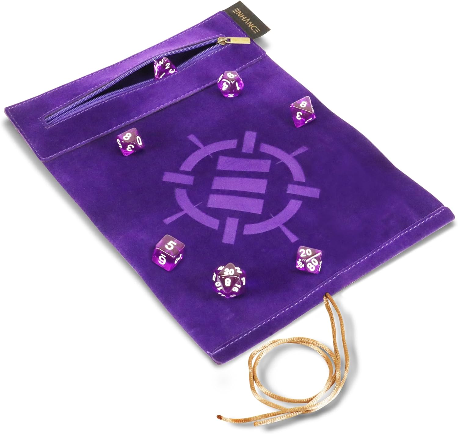 ENHANCE Roll on a Scroll Dice Rolling Mat & 7pc Acrylic Dice Set - Velvet Dice Case with Color-Coordinated 7pc Acrylic Dice, Dice Holder and Tray Compatible with DnD and Other Tabletop Games - Purple