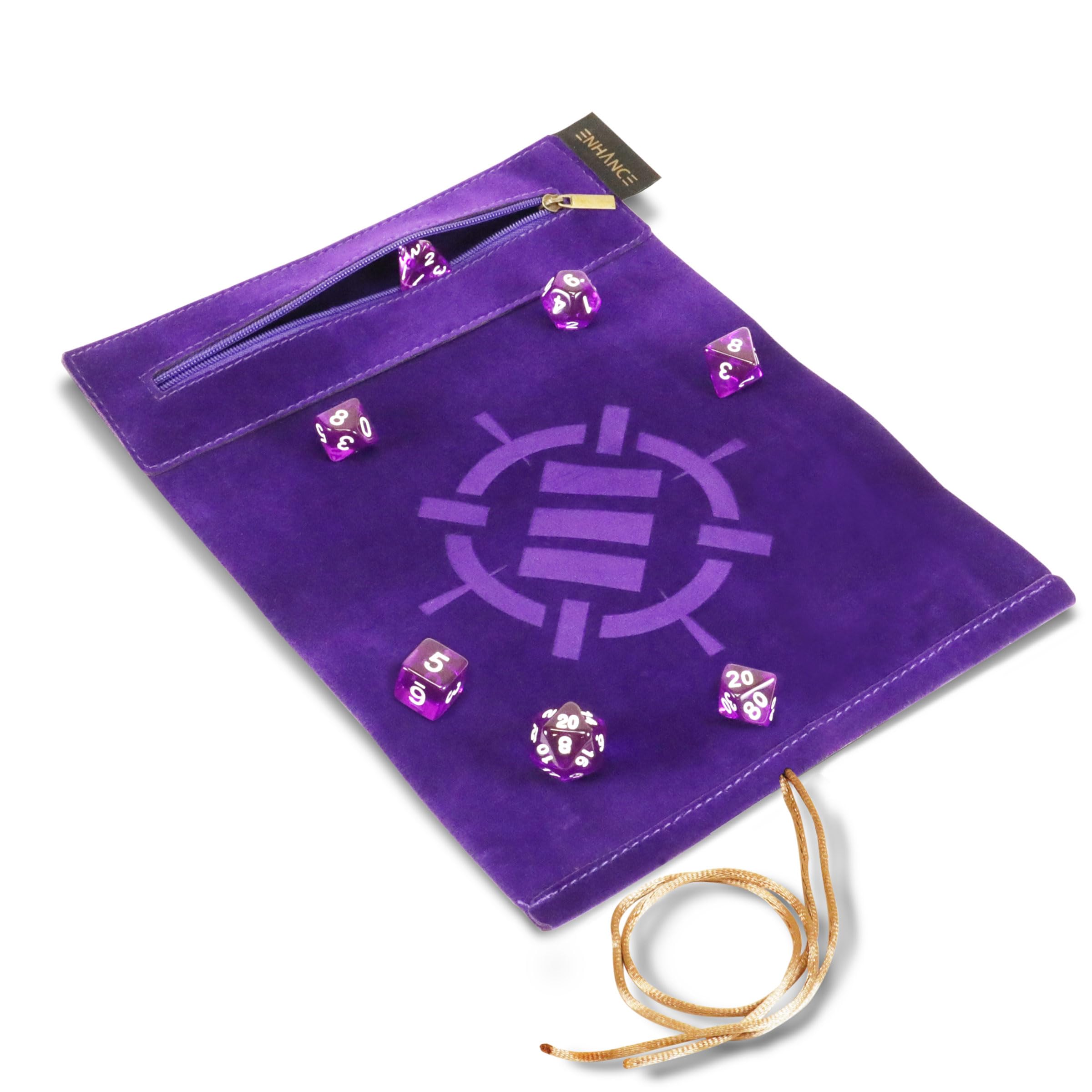 ENHANCE Tappetino per Dadi Roll on a Scroll e Set di 7 Dadi in Acrilico - Custodia in Velluto con 7 in Acrilico Abbinati, Supporto e Vassoio. Compatibile con D&D e Giochi da Tavolo - Viola