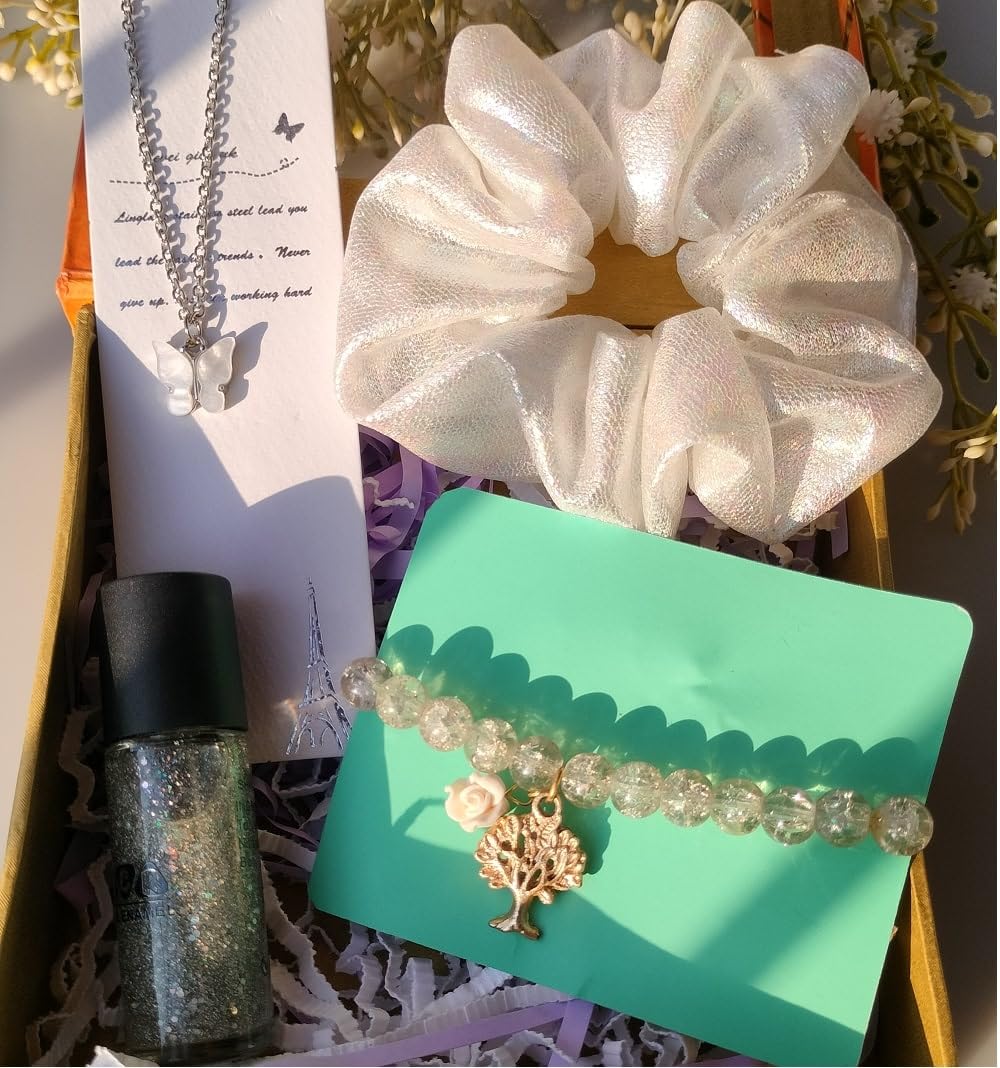 Aspire T White Gift Hamper Combo for Women & Girls 1 Hair Scrunchies, Hand Braclate, Butterfly Necklase, 1 Nail polish With Box