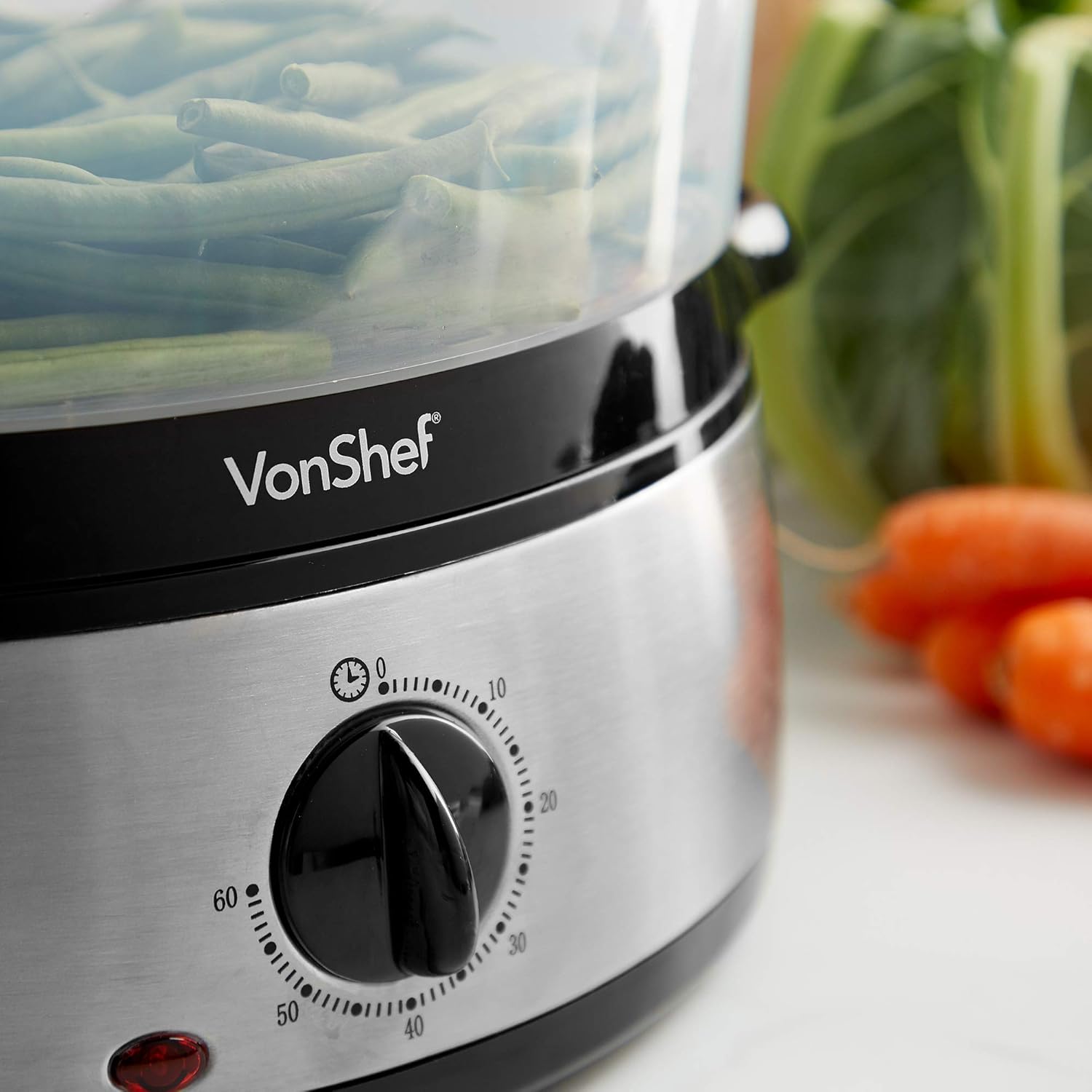 Close-up of the VonShef food steamer's timer dial set to approximately 30 minutes.