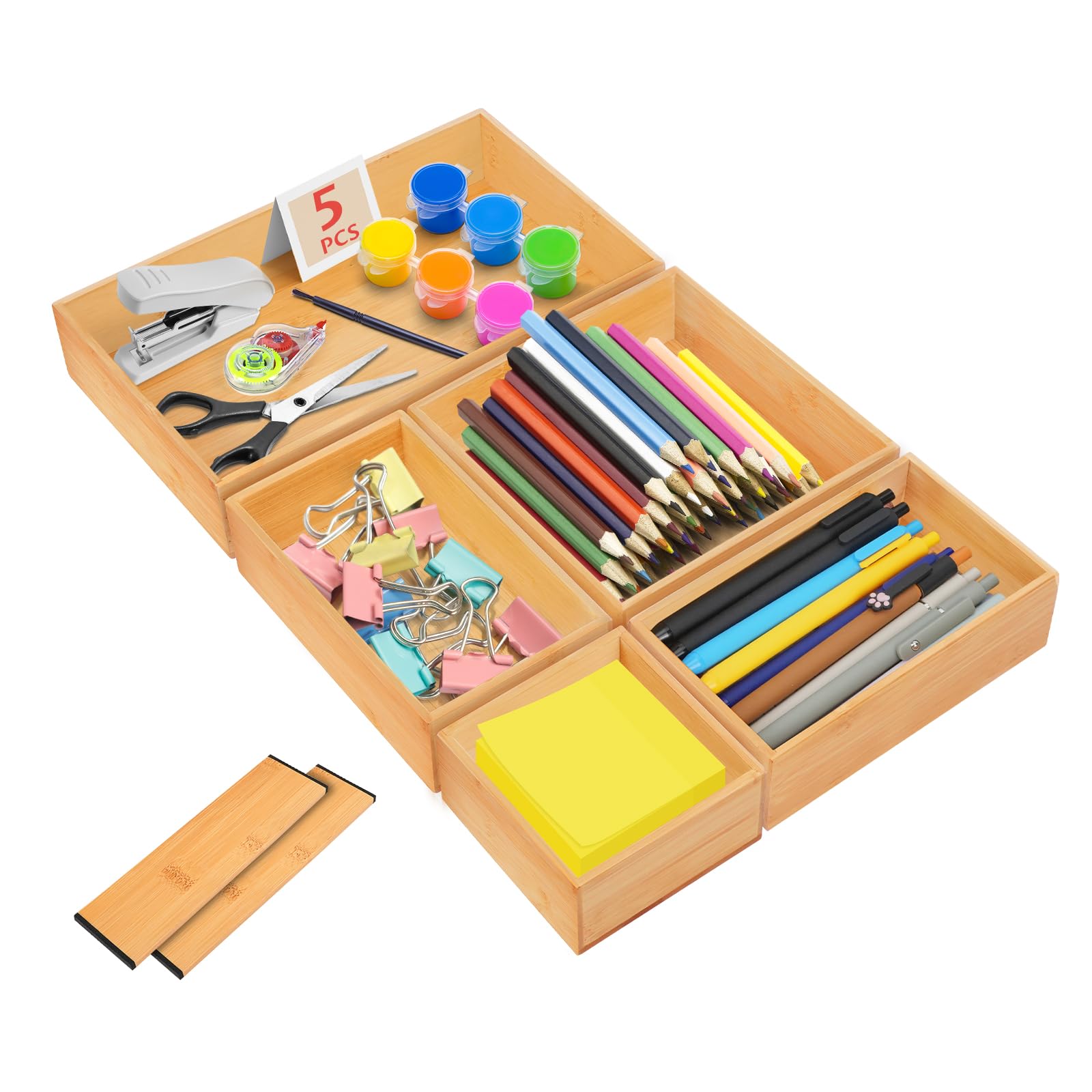Organizer per cassetti, 5 cm di altezza, in bambù, per tavolo da toeletta e trucco, diverse dimensioni, portaposate, scatola portaoggetti per ufficio, cucina, bagno (legno naturale)