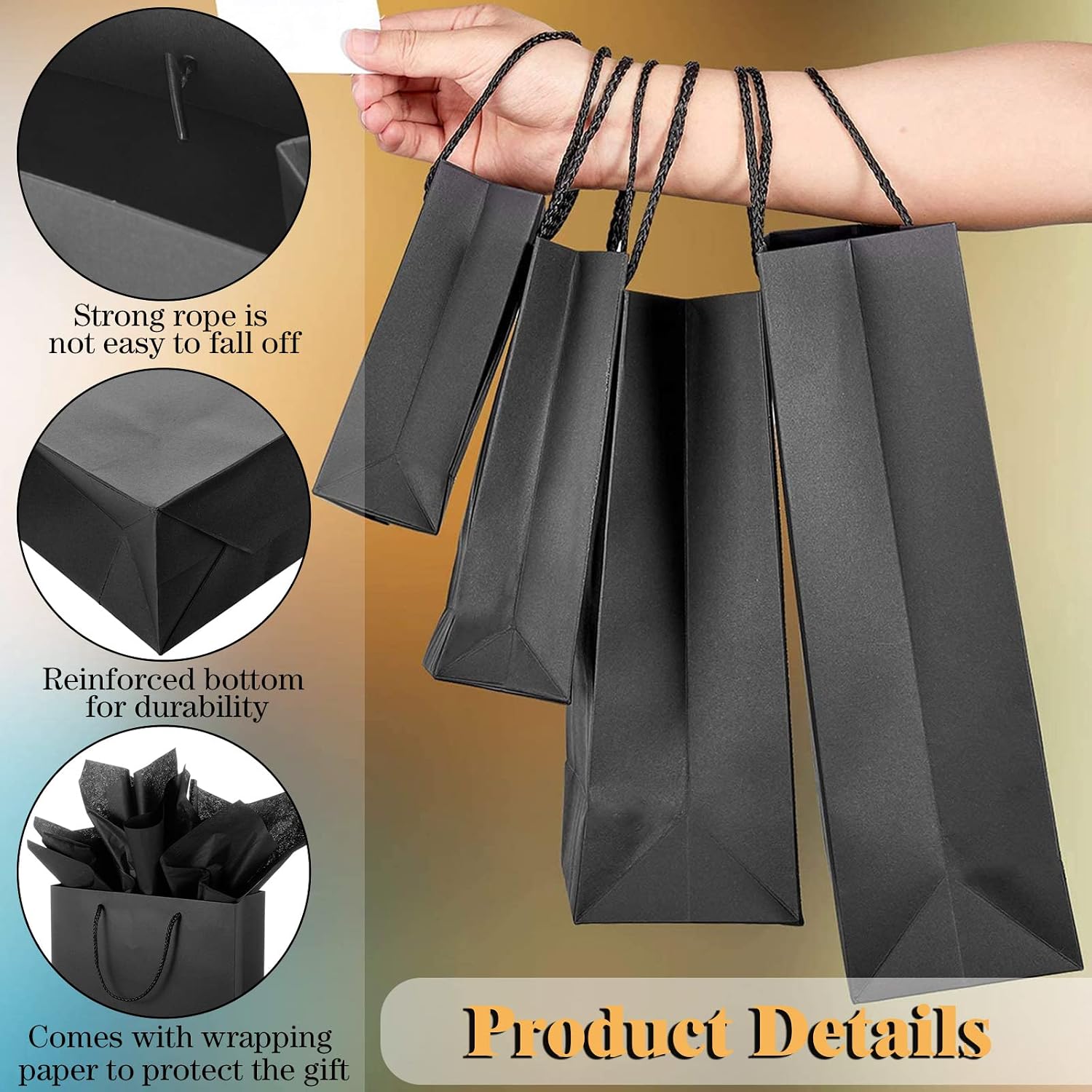 Outus 96 Sets Black Gift Bags 48 Paper Kraft Bags with 48 Copy Papers 4 Different Sizes in 6 Inches 8 Inches 11 Inches and 13 Inches for Birthday Graduations Parties Wedding