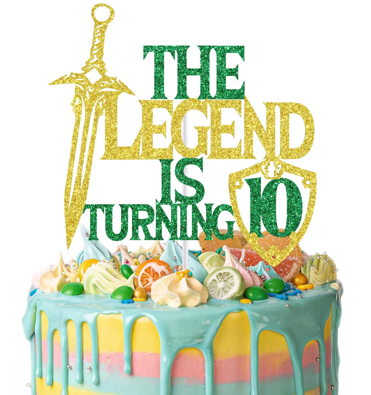 The Legend is Turning 10 Cake Topper, Master Sword Boys Girls 10th Birthday Decorations, Fantasy Video Game Kids Birthday Party Decorations Gold & Green Glitter