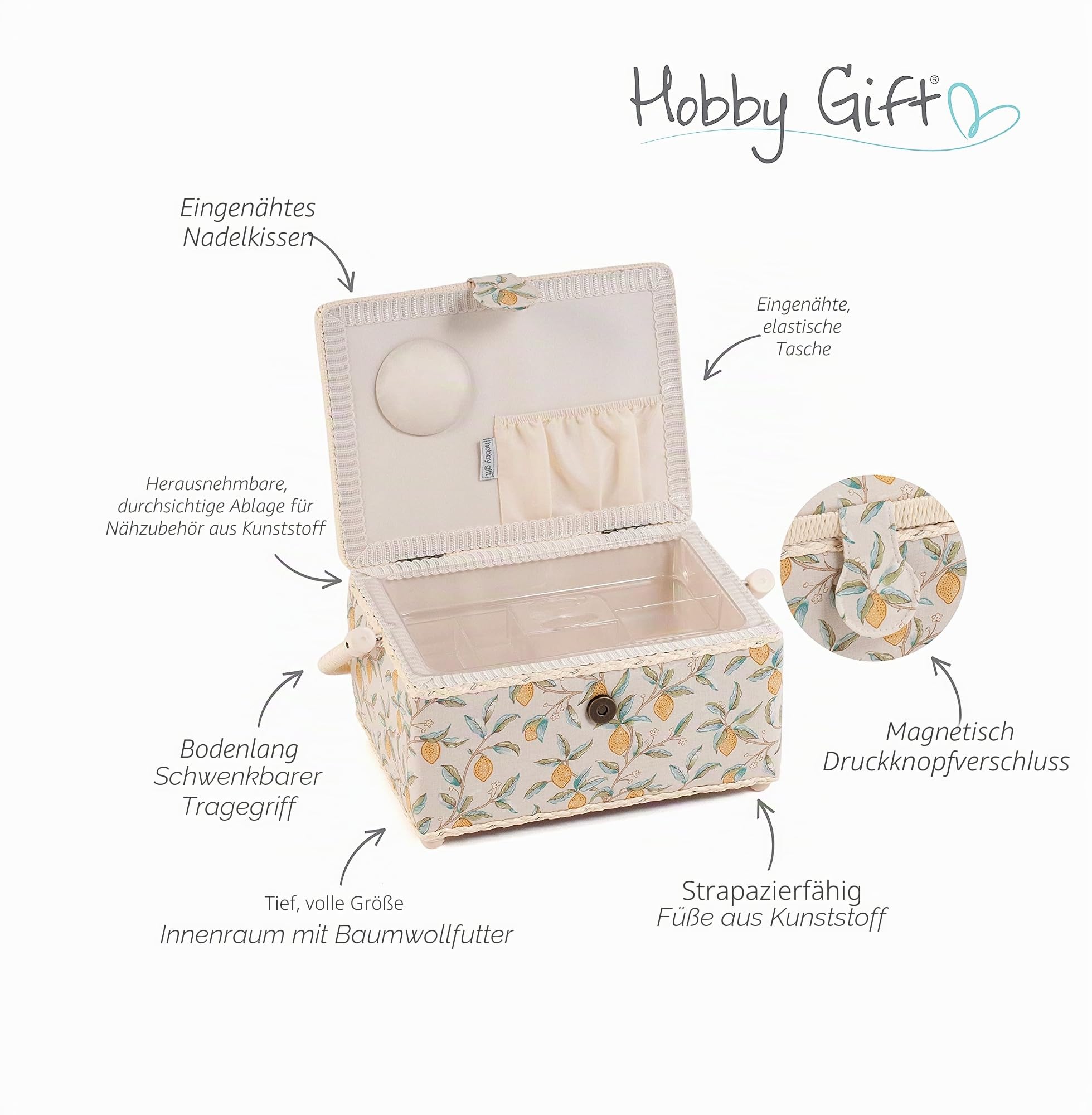 Hobby Gift Medium Näh-Aufbewahrungsbox, Holz/Stoff, Morris Zitronen