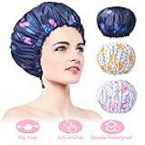 3 Pack Extra Large Double Layer Adjustable Shower Caps for Women, Waterproof Exterior & EVA Lining, Oversized Design for All Hair Lengths